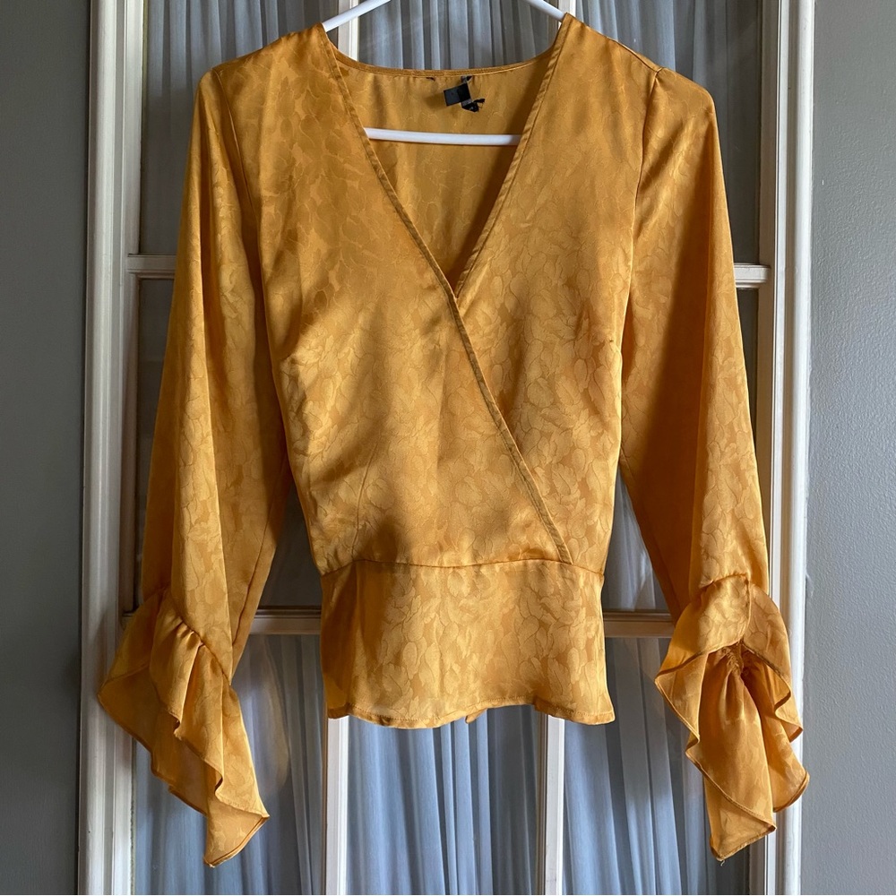 Guess Yellow Floral Satin Wrap Blouse